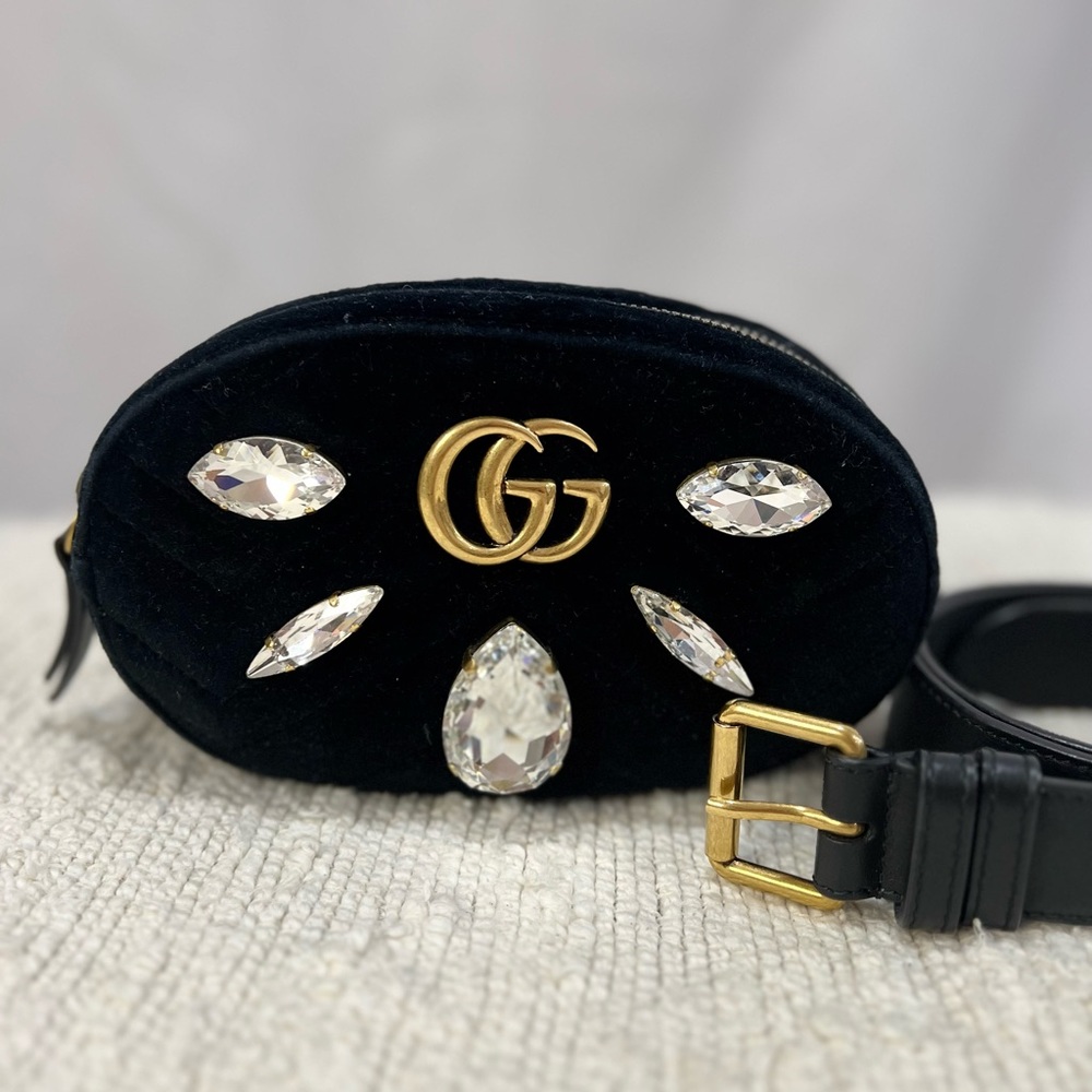 ❌SOLD❌GUCCI Sac Ceinture Matelasse Velours Noir Cristal Mormont - Picture 6 of 7